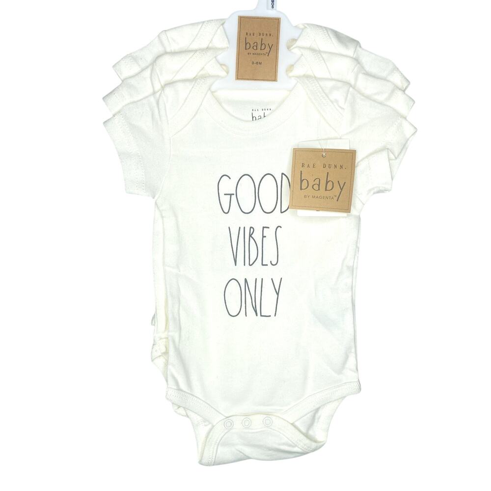 Rae Dunn Three Pack White Short Sleeve Baby Onsies Size 3 to 6 Months
